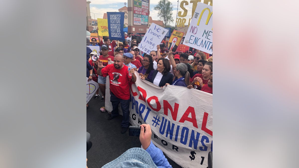 Presidential candidate Kamala Harris marches with McDonald's workers protesting for a $15 minimum wage in Las Vegas.