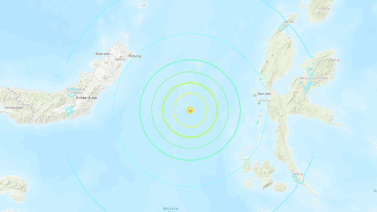 The 6.9 magnitude earthquake was centered about 114 miles southeast of Manado, Indonesia in the Molucca Sea at a depth of 15 miles, according to the USGS.