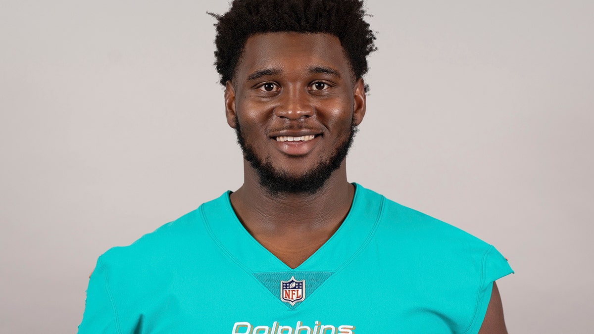 FILE - This is a 2019 file photo showing Kendrick Norton of the Miami Dolphins NFL football team. Dolphins defensive tackle Kendrick Norton suffered multiple injuries in a car crash near Miami that required his left arm to be amputated. Sports agent Malki Kawa confirmed the injuries in a tweet on Thursday morning, July 4, 2019. (AP Photo/File)