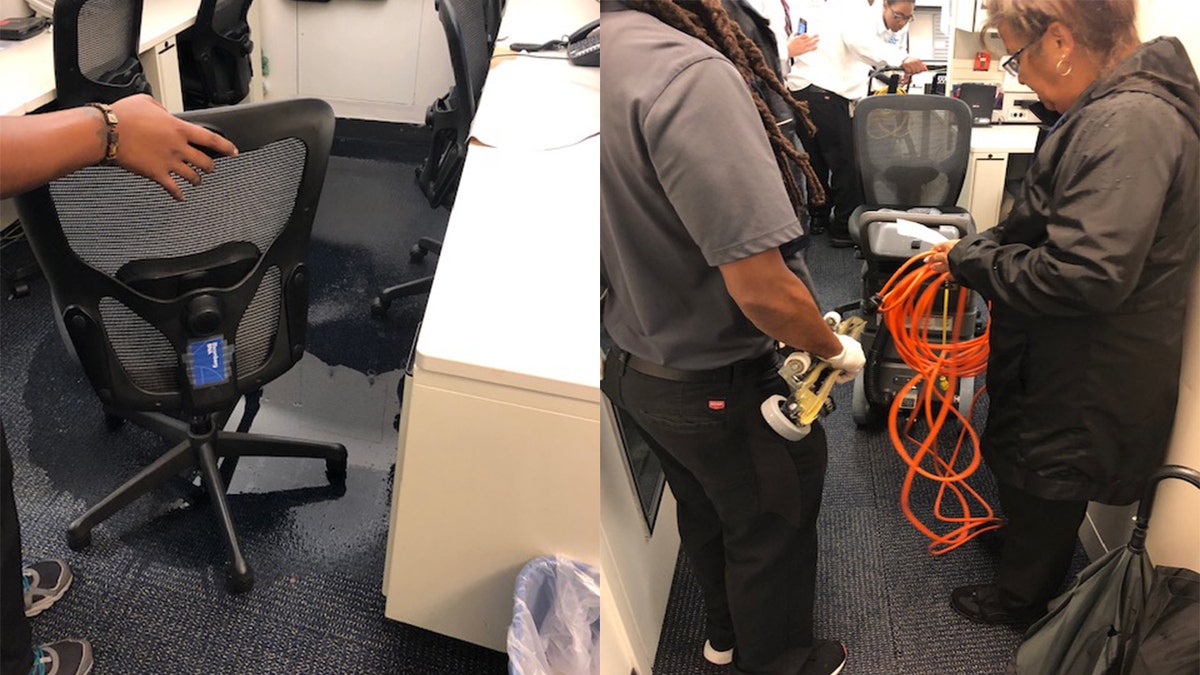 Vacuums had to clean press workspace in the basement near the White House's West Wing that got soaked by rainwater on Monday.