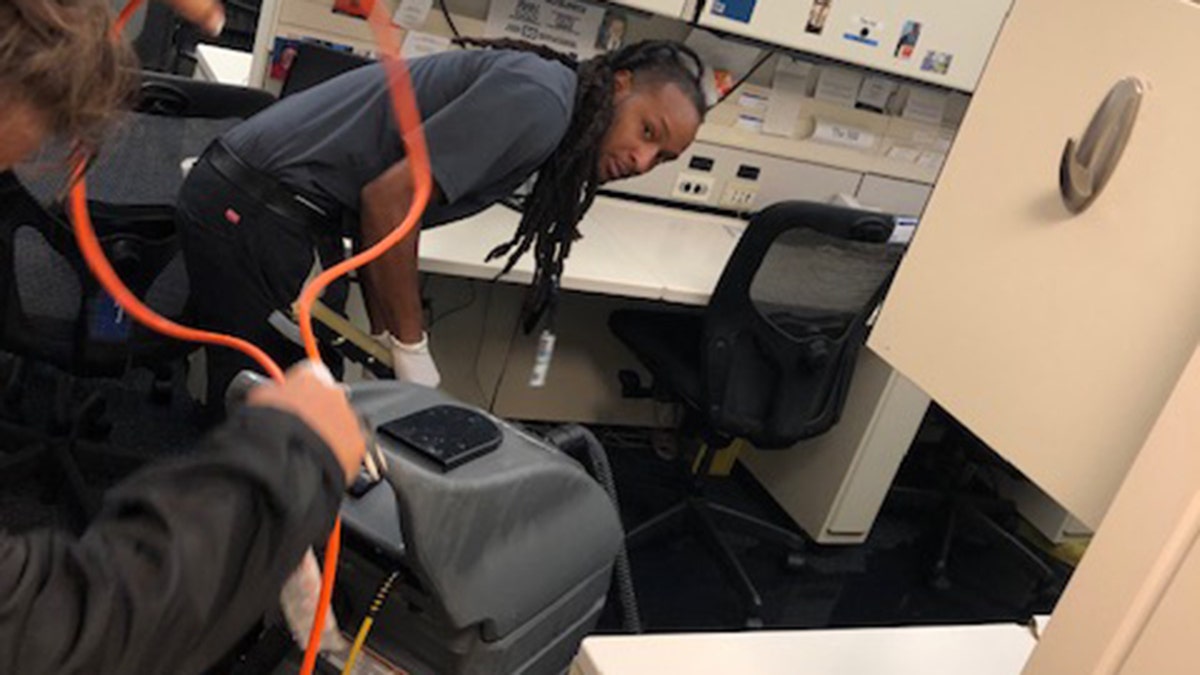 The press workspace in the basement near the White House's West Wing was soaked by rainwater on Monday.