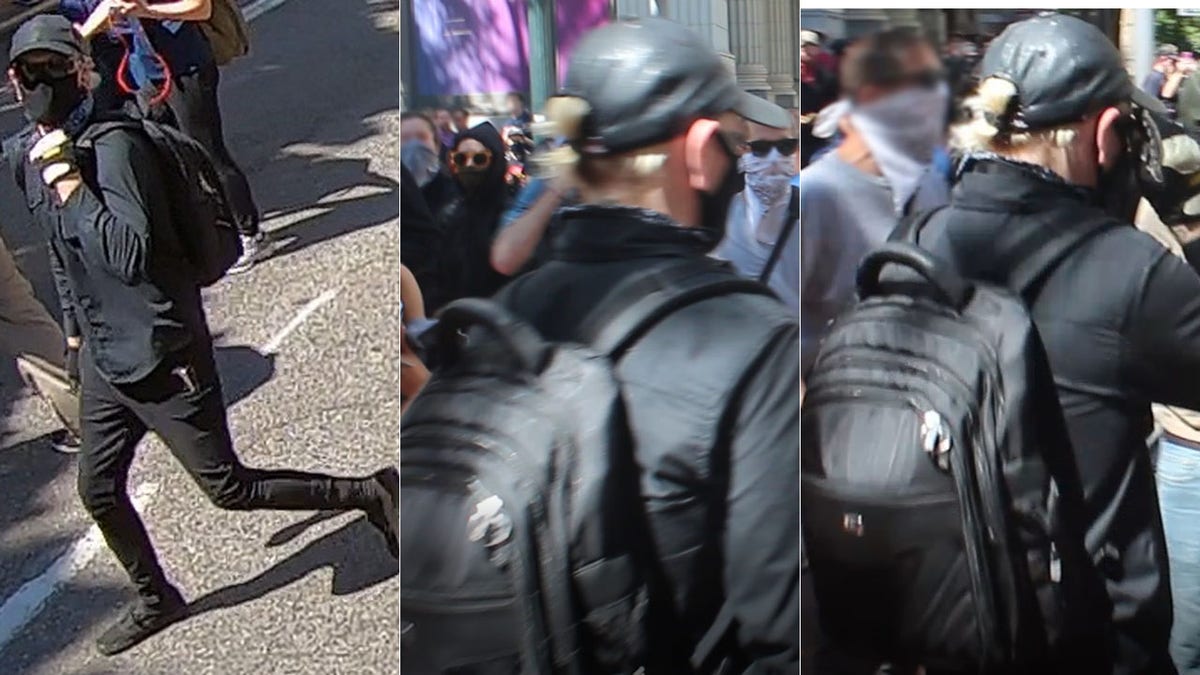 A man with a black leather-type baseball hat is sought in connection with the violence in Portland on Saturday.