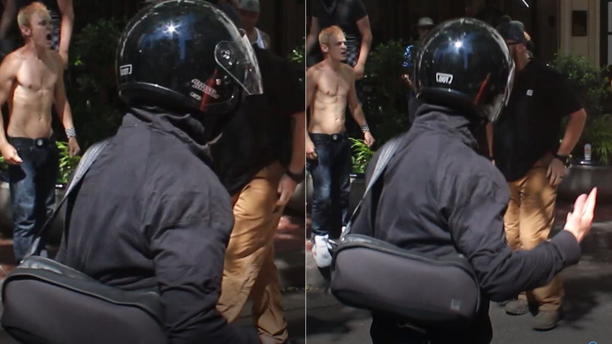 A suspect with a black motorcycle-type helmet is sought in connection with the violence in Portland on Saturday.