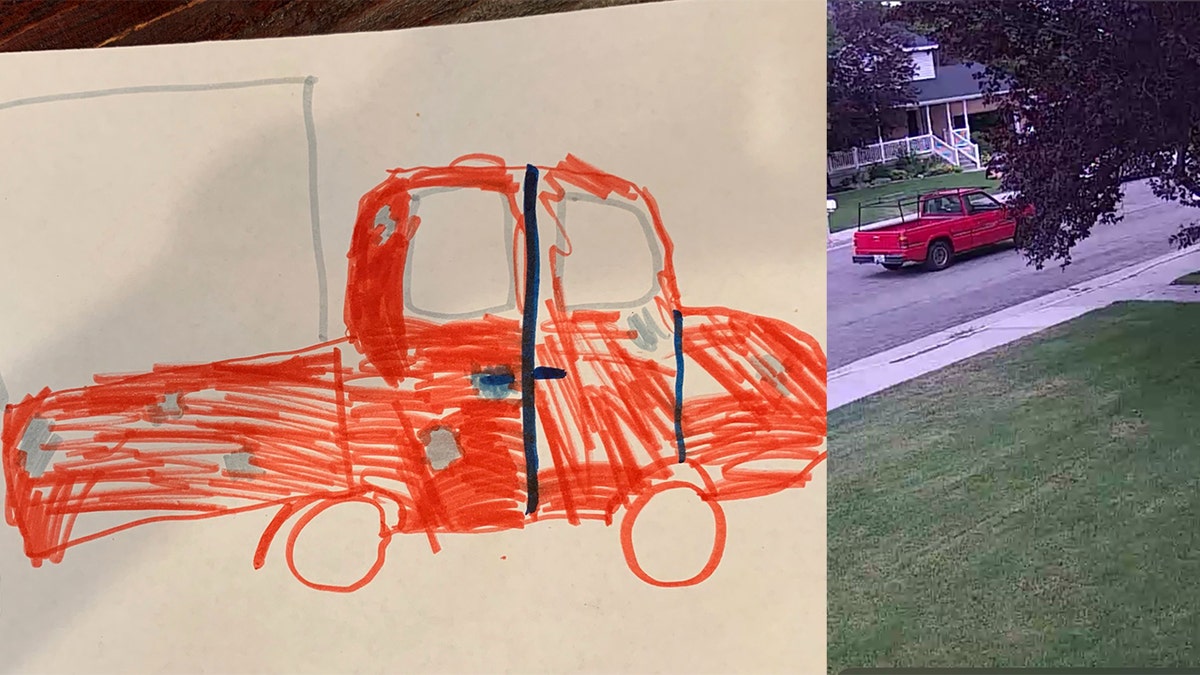 A photo of suspect vehicle drawn by a 9-year-old girl in Utah, and the truck police were able to identify in a surveillance video.