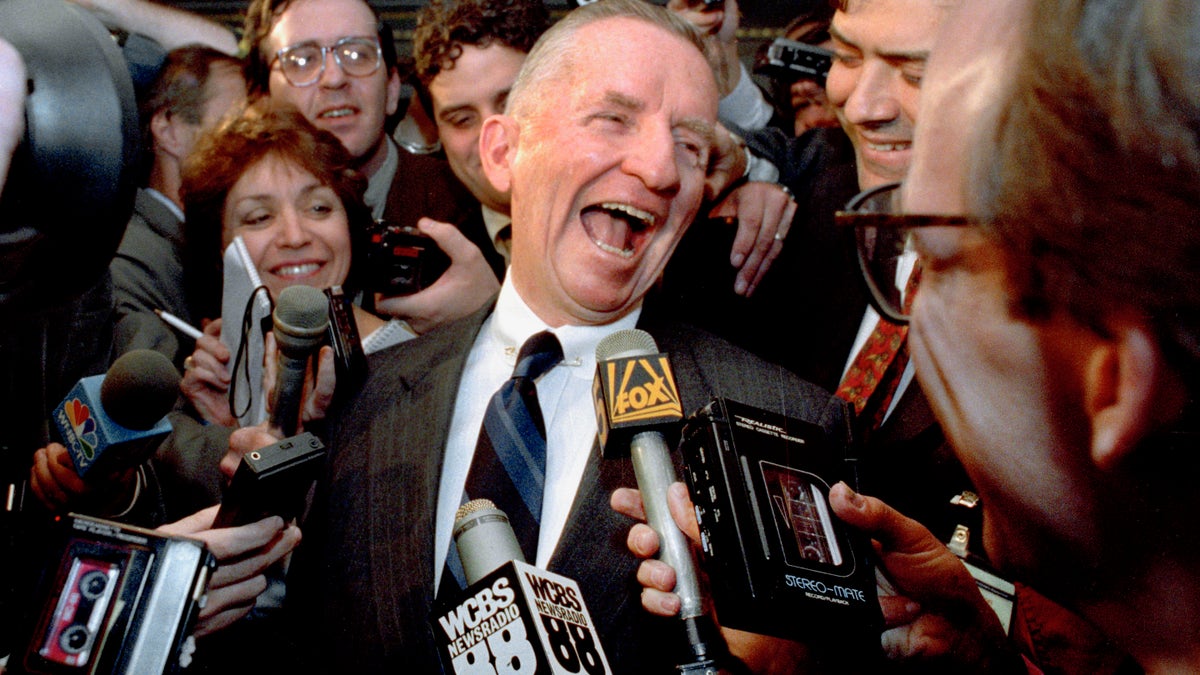 FILE - This May 5, 1992 file photo shows Texas billionaire Ross Perot laughing after saying "Watch my lips," in response to reporters asking when he plans to formally enter the presidential race. Perot, the colorful, self-made Texas billionaire who rose from a childhood of Depression-era poverty and twice ran for president as a third-party candidate, has died. He was 89. (AP Photo/Richard Drew. File)
