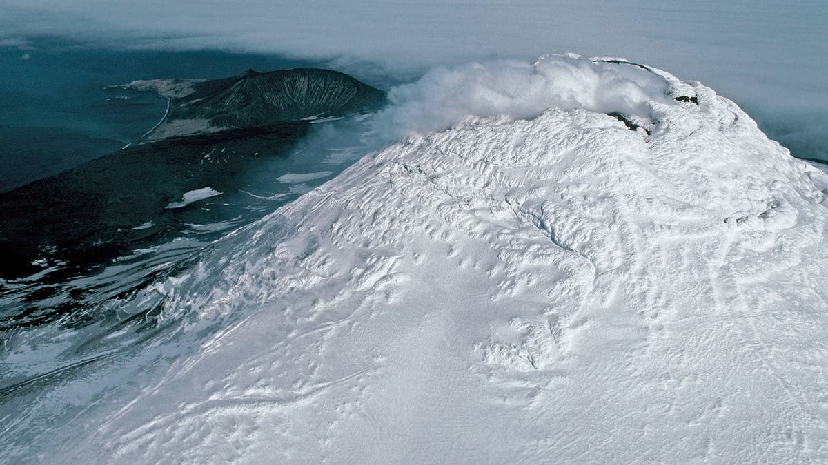 An aerial photo of the Mount Michael volcano.