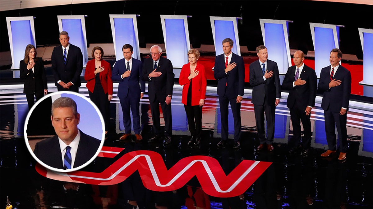 From left, Marianne Williamson, Rep. Tim Ryan, D-Ohio, Sen. Amy Klobuchar, D-Minn., South Bend Mayor Pete Buttigieg, Sen. Bernie Sanders, I-Vt., Sen. Elizabeth Warren, D-Mass., former Texas Rep. Beto O'Rourke, former Colorado Gov. John Hickenlooper, former Maryland Rep. John Delaney and Montana Gov. Steve Bullock take the stage for the first of two Democratic presidential primary debates hosted by CNN Tuesday, July 30, 2019, in the Fox Theatre in Detroit. (AP Photo/Paul Sancya)