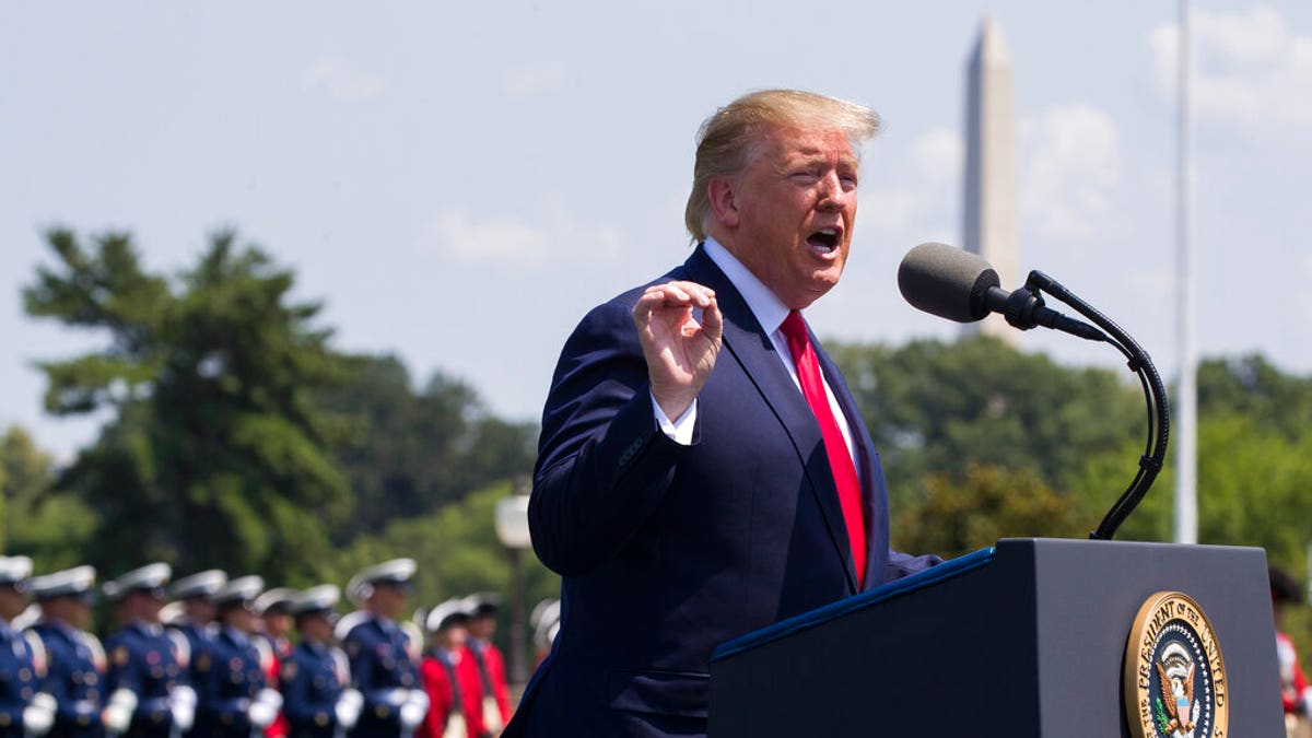 President Donald Trump speaks during a full honors welcoming ceremony for Secretary of Defense Mark Esper at the Pentagon, Thursday, July 25, 2019, in Washington. 