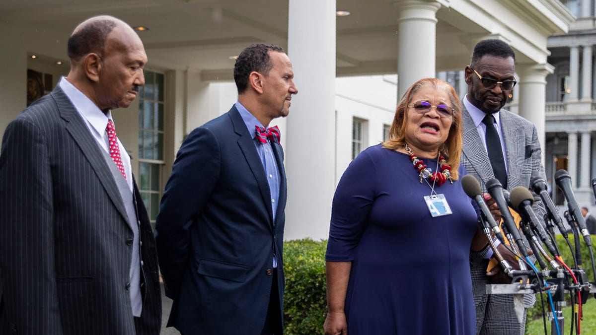 Alveda King, second from right, niece of civil rights leader Martin Luther King Jr. together with other religious leaders, from left, Rev. Bill Owens, Rev. Dean Nelson and Bishop Harry Jackson, speaks to reporters following a meeting with President Donald Trump at the White House in Washington, Monday, July 29, 2019. (AP Photo/Manuel Balce Ceneta)