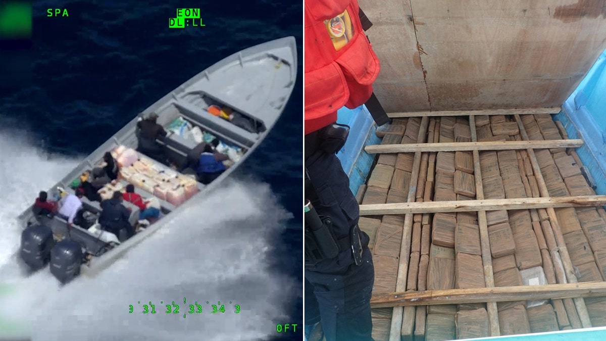 On the left, Crewmembers from the Coast Guard Cutter Steadfast interdict a go fast vessel in international waters of the eastern Pacific Ocean on July 18, 2019. On the right, crew members uncover a compartment concealing multiple bales of cocaine beneath the floorboard of a panga interdicted June 30, 2019, while patrolling international waters of the Eastern Pacific Ocean.