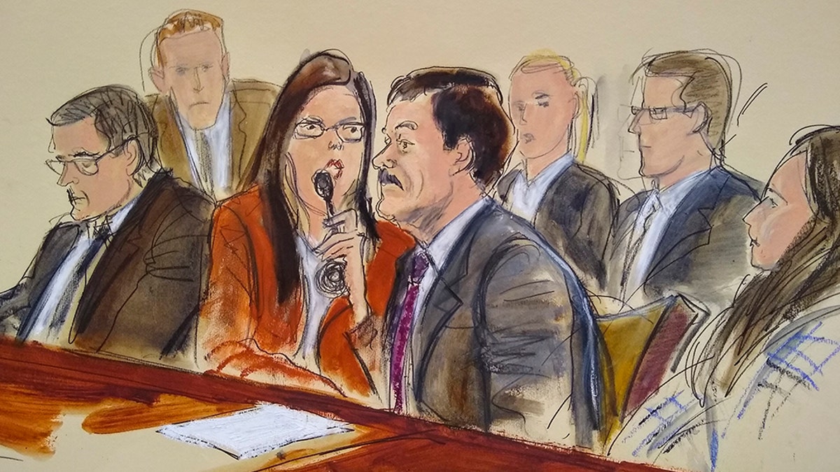 In this courtroom sketch, Joaquin "El Chapo" Guzman, second from right, listens to his sentence via interpreter while surrounded by U.S. Marshals and flanked by his defense attorney Marc Fernich, during his sentencing in federal court, Wednesday, July 17, 2019, in New York. (AP)