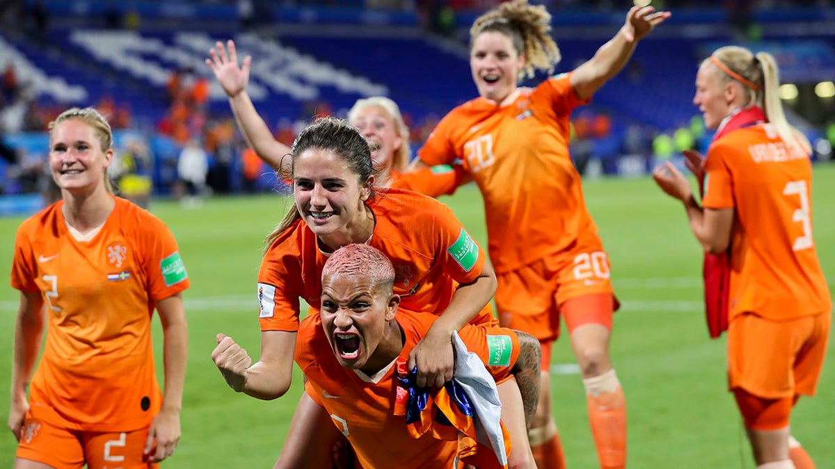 Dutch players celebrate after winning the Women's World Cup semifinal soccer match against Sweden at the Stade de Lyon outside Lyon, France, Wednesday, July 3, 2019. (Associated Press)