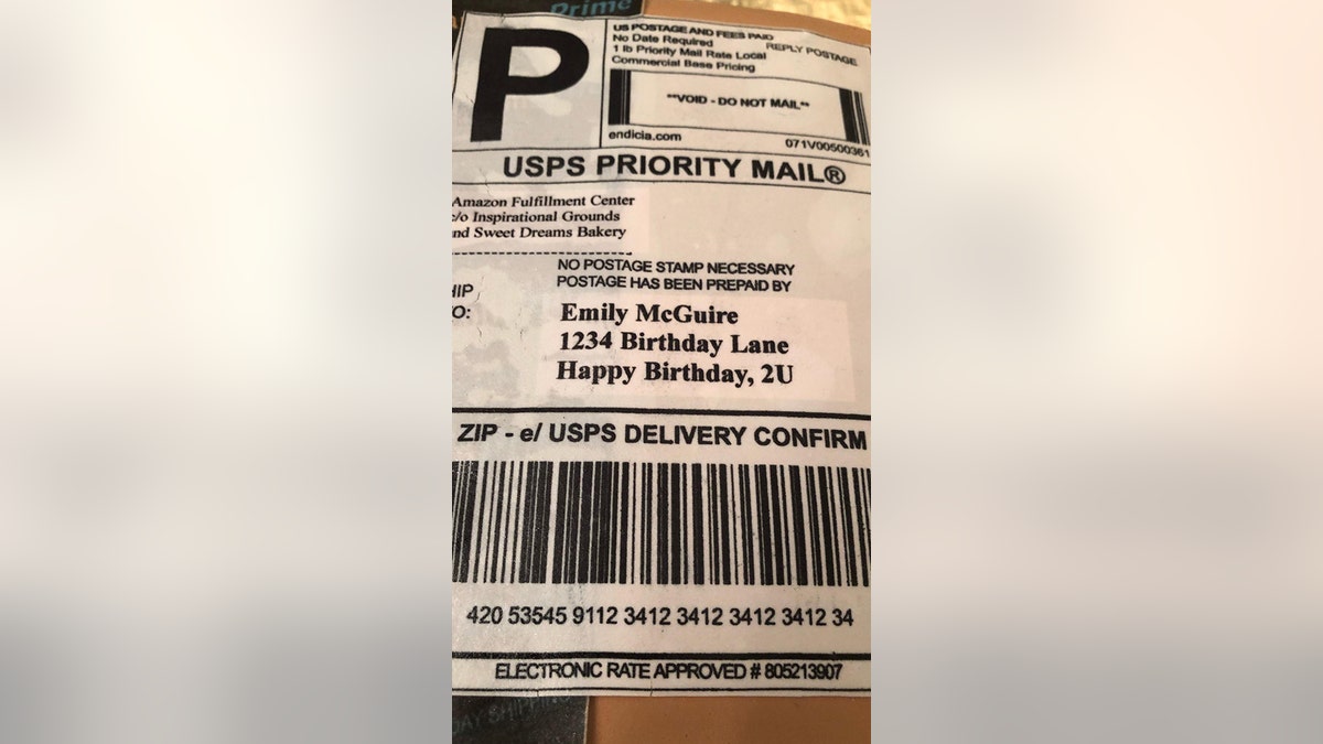The package was addressed to McGuire at “1234 Birthday Lane” in “Happy Birthday, 2U."