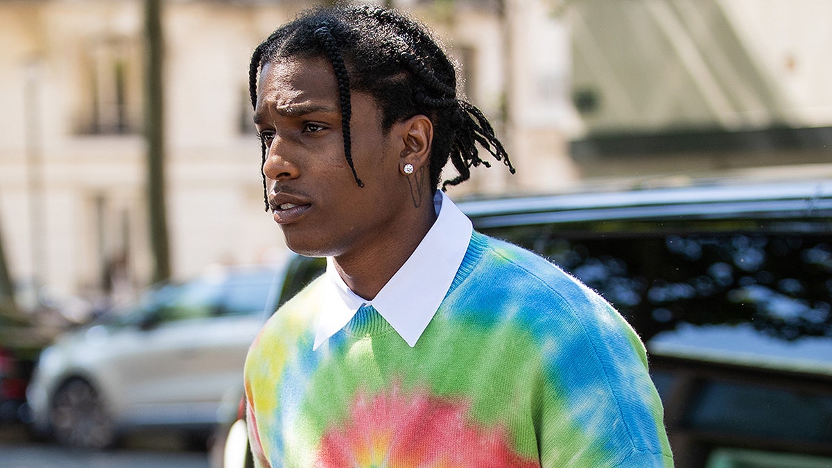 PARIS, FRANCE - JUNE 22: ASAP Rocky is seen wearing batik tshirt outside Loewe during Paris Fashion Week - Menswear Spring/Summer 2020 on June 22, 2019 in Paris, France. (Photo by Christian Vierig/Getty Images)