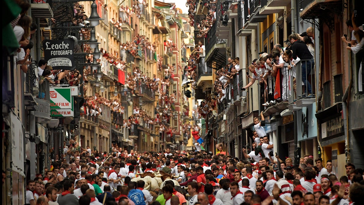 Revellers run next to fighting bulls from Cebada Gago ranch during the running of the bulls at the San Fermin Festival, in Pamplona, northern Spain, Monday, July 8, 2019. (AP Photo/Alvaro Barrientos)
