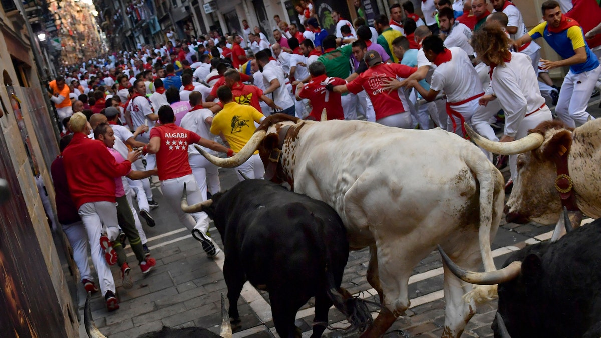 Revelers run next to fighting bulls during the running of the bulls at the San Fermin Festival, in Pamplona, northern Spain, Thursday, July, 11, 2019. (AP Photo/Alvaro Barrientos)