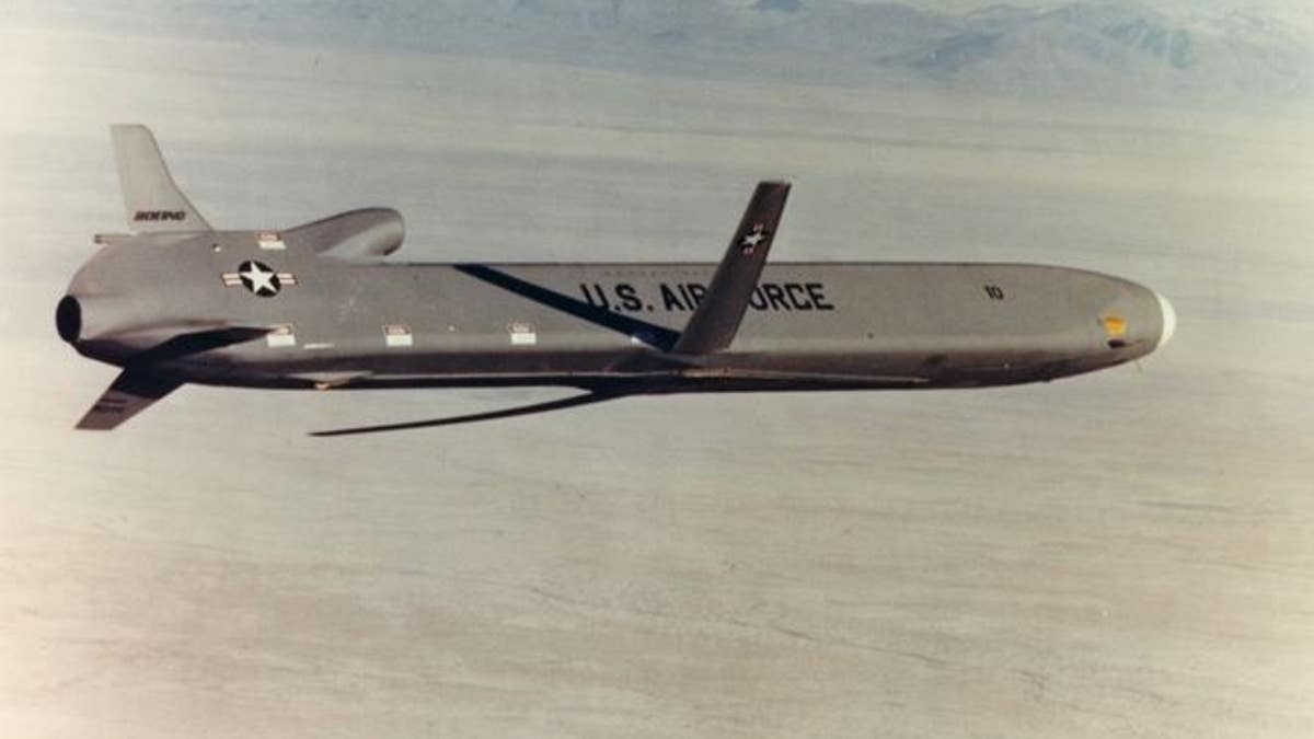An AGM-86B Air Launched Cruise Missile captured in-flight from a chase aircraft over the White Sands Missile Range, New Mexico, during a program test flight in this undated photo.