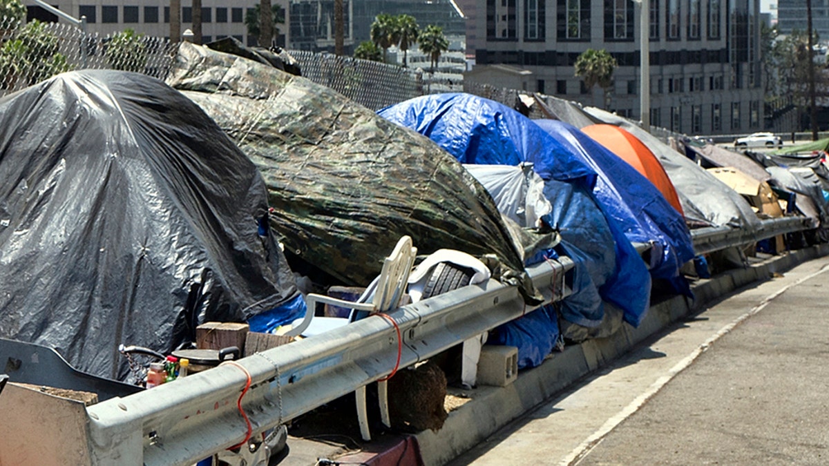 A homeless person sits at his tent along the Interstate 110 freeway in downtown Los Angeles in May 2018. Mayor Eric Garcetti is paying a political price for the city's homeless crisis. An effort is underway to recall the two-term Democrat from office prompted by widespread complaints about homeless encampments throughout the city. (AP Photo/Richard Vogel, File)