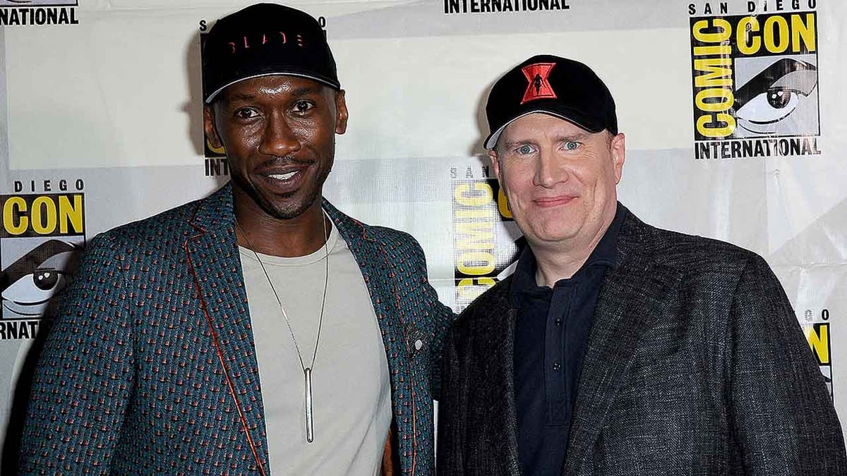 SAN DIEGO, CALIFORNIA - JULY 20: Mahershala Ali and Kevin Feige attend Marvel Studios Panel during 2019 Comic-Con International at San Diego Convention Center on July 20, 2019 in San Diego, California. (Photo by Albert L. Ortega/Getty Images)