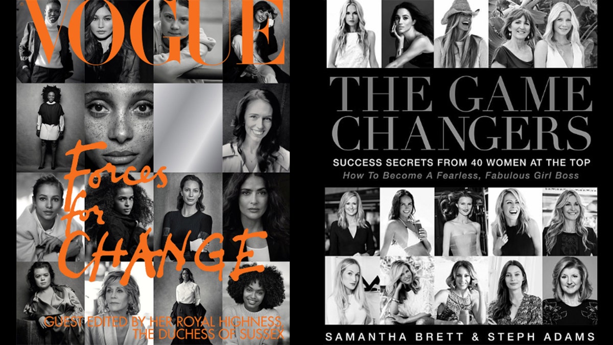 Meghan Markle's Vogue cover, left, and "The Game Changers" book cover, right.