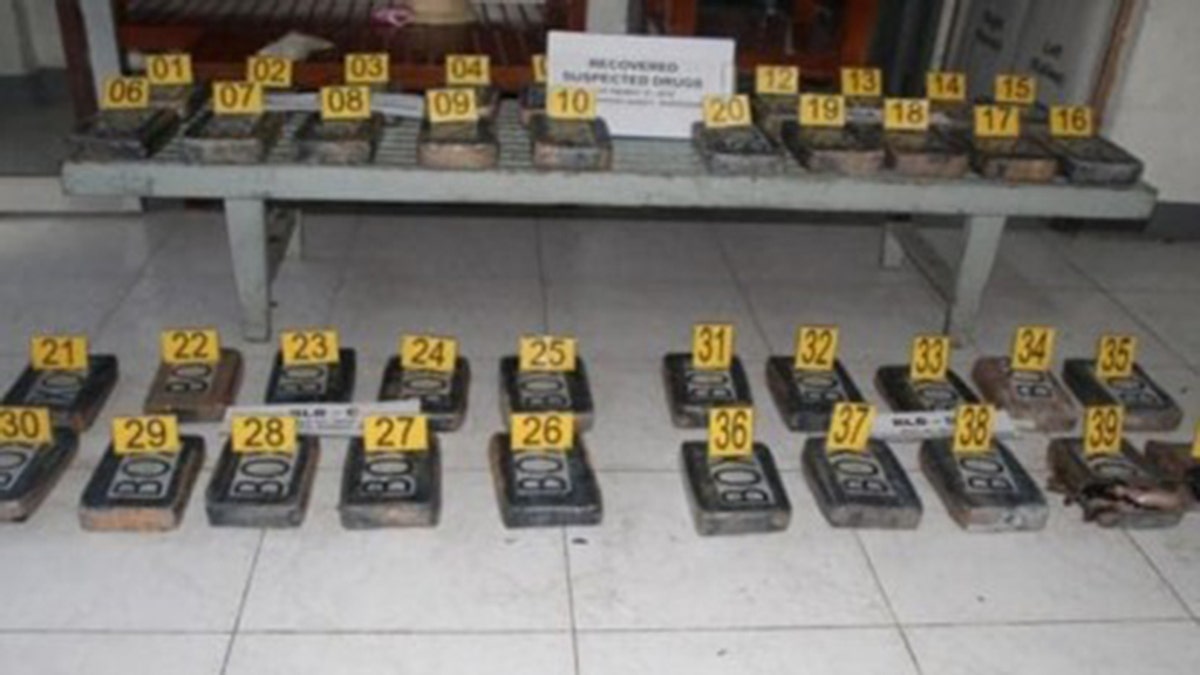 Police present 40 cocaine blocks with a street value of $4.2 million USD during a press conference at Camp Simeon Ola in Legazpi City on Tuesday, May 28, 2019. 