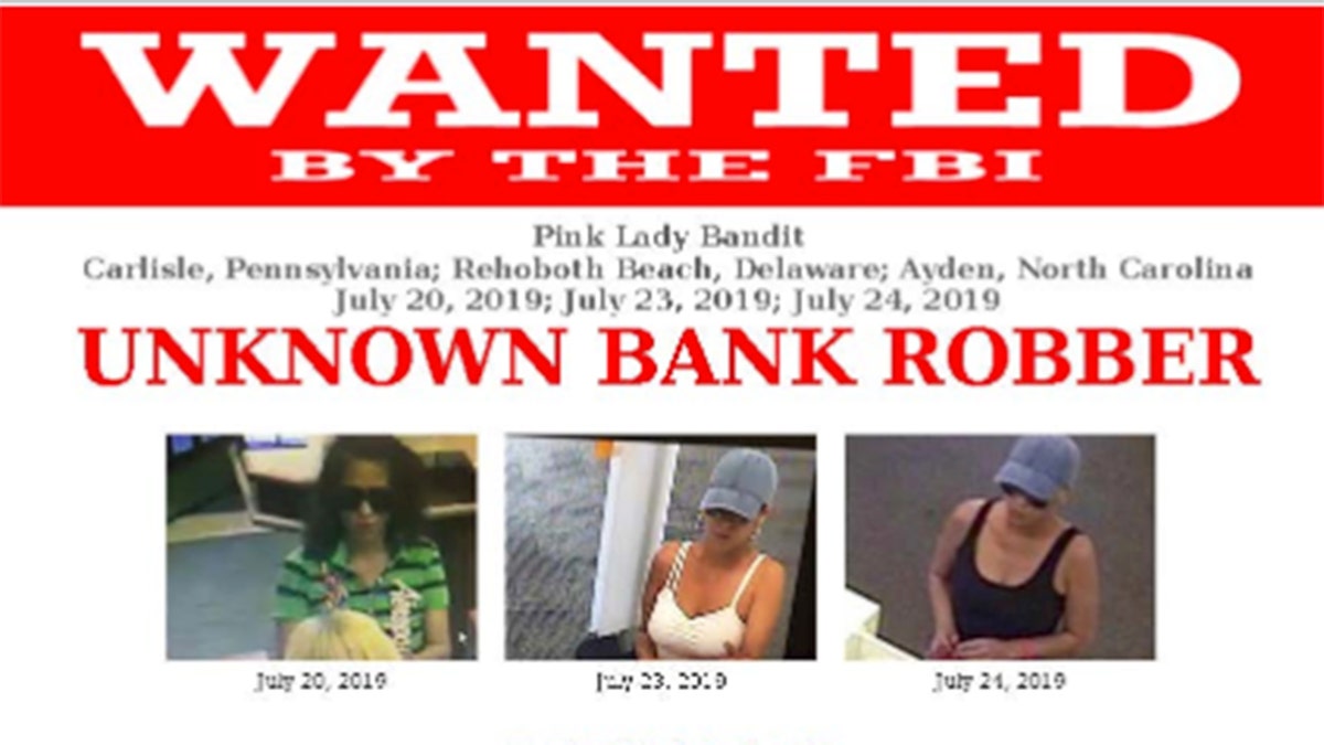 The Federal Bureau of Investigation is on the hunt for a serial bank robber known as the "Pink Lady Bandit" who is said to have robbed four banks in three states on the east coast.