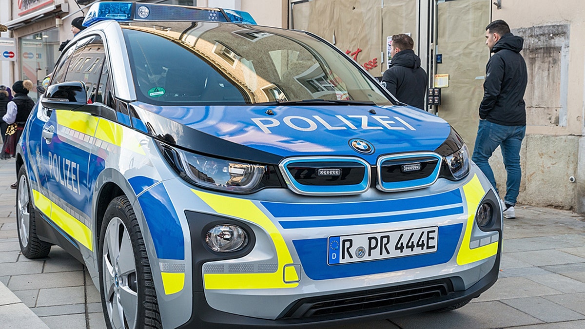 Regensburg, Bavaria, Germany, November 04, 2018, German Police car on the Neupfarrplatz at carnival parade in Regensburg