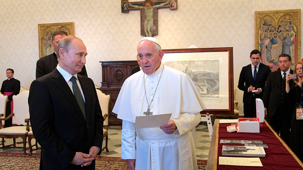 Pope Francis and Russian President Vladimir Putin, left, on the occasion of their private audience at the Vatican, Thursday, July 4. 2019. (Alexei Druzhinin, Sputnik, Kremlin Pool Photo via AP)