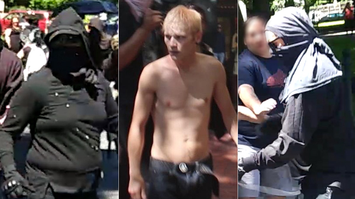 Images of three suspects wanted for robbery and assault in connection to the violent protests in Portland on Saturday.