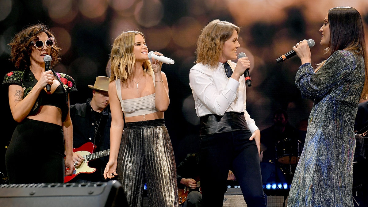 (L-R) Amanda Shires, Maren Morris, Brandi Carlile and Natalie Hemby of The Highwomen perform onstage for Loretta Lynn: An All-Star Birthday Celebration Concert at Bridgestone Arena on April 1, 2019 in Nashville, Tennessee.