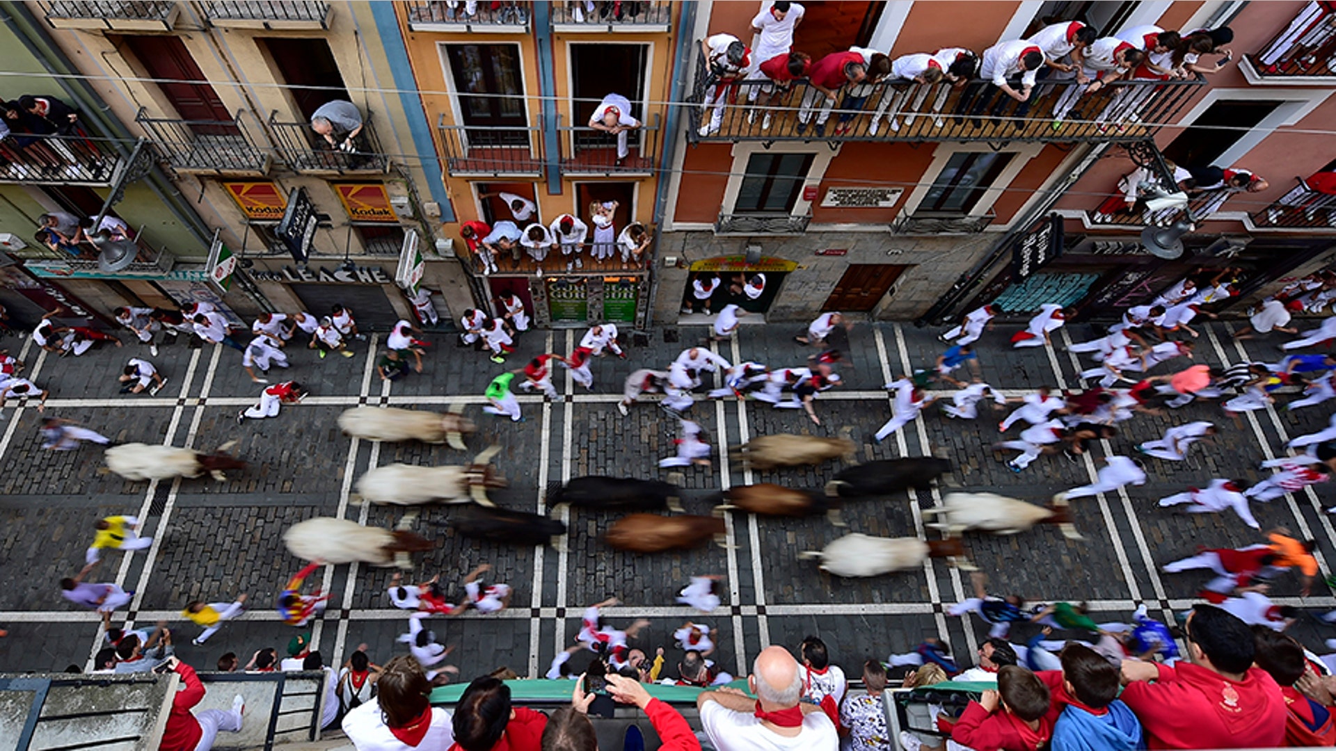 Revelers run next to fighting bulls during the running of the bulls at the San Fermin Festival, in Pamplona, Spain, July 12, 2019.