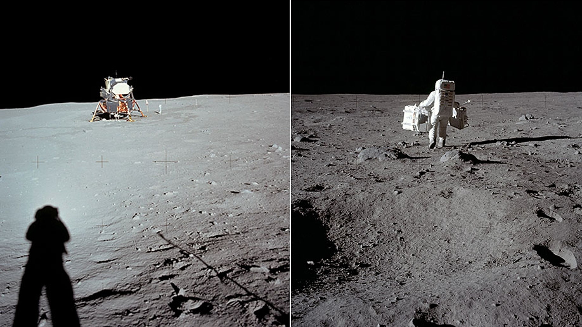 In photos taken by Neil Armstrong, the Lunar Module sits at Tranquility Base and Buzz Aldrin carries the Passive Seismic Experiments Package and the Laser Ranging Retroreflector to the deployment area.