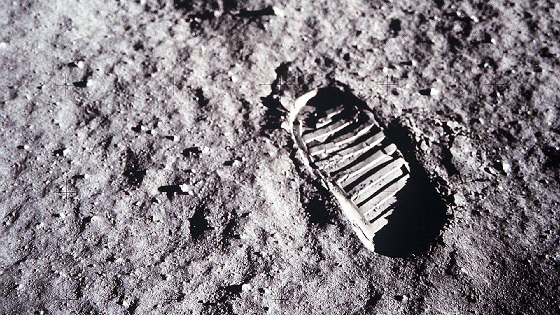 A close-up view of astronaut Buzz Aldrin's bootprint in the lunar soil, photographed with the 70mm lunar surface camera during Apollo 11's sojourn on the moon. 