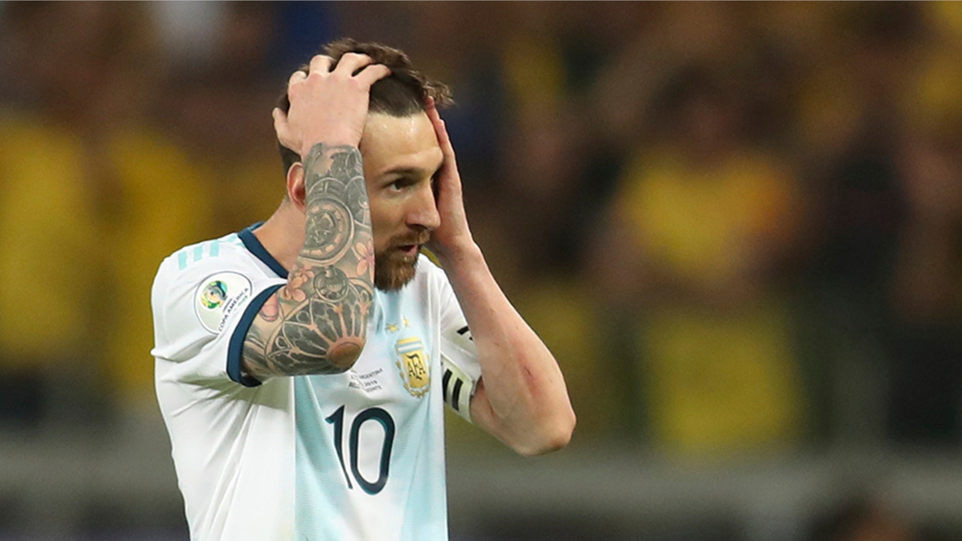 Argentina's Lionel Messi reacts during their Copa America semifinal soccer match loss against Brazil in Belo Horizonte, Brazil, July 2, 2019. 