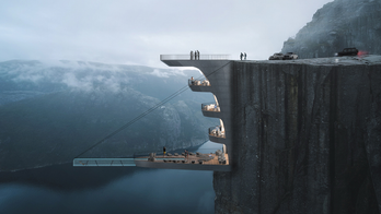 Architecture firm shares concept for boutique hotel partially hanging from 1,982-foot cliff in Norway