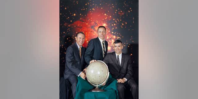 Portrait of the Apollo 13 crew - from left to right, Mission Commander Jim Lovell, Pilot Jack Swigert Command Module and Lunar Module Pilot Fred Haise (NASA)