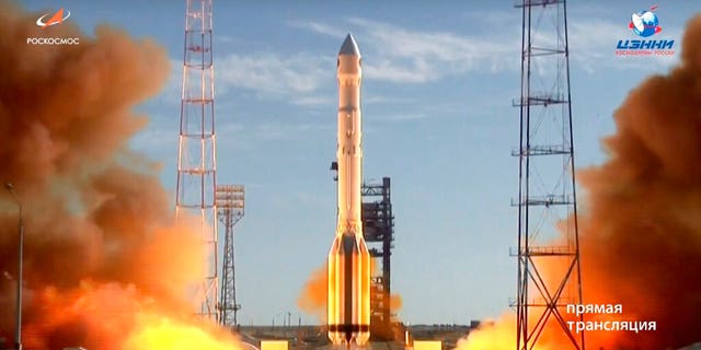 A Russian Proton-M rocket takes off from the launch pad at Russia's space facility in Baikonur, Kazakhstan.