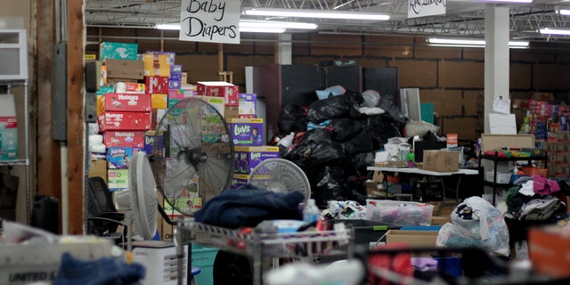 Warehouse of supplies in respite center in McAllen, Texas.