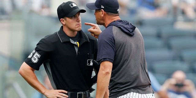 New York Yankees' manager Aaron Boone yells at home plate umpire Brennan Miller during the second inning of the first game of a baseball doubleheader against the Tampa Bay Rays' Thursday, July 18, 2019, in New York. (Associated Press)