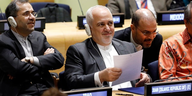 Iran's Foreign Minister Javad Zarif prepares to address the High Level Political Forum on Sustainable Development, at United Nations headquarters, Wednesday, July 17, 2019. (AP Photo/Richard Drew)