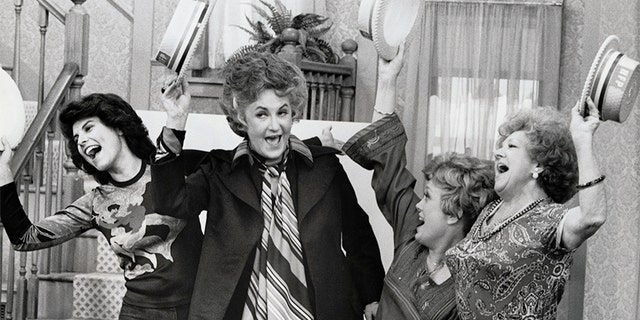 Carol (Adrienne Barbeau) joins Maude (Beatrice Arthur), who has launched a "Henry Fonda for President" campaign, in a rousing song, along with Vivian (Rue McClanahan) and Mrs. Naugatuck (Hermione Baddeley) in an episode of CBS' "Maude." — Getty
