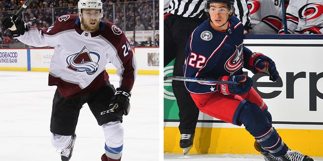 A.J. Greer, left, of the Colorado Avalanche, and Sonny Milano, right, of the Columbus Blue Jackets, were arrested in New York City on misdemeanor assault charges stemming from a dispute over a bar tab at a nightclub.