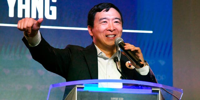 Businessman Andrew Yang addresses the South Carolina Democratic Party convention, Saturday, June 22, in Columbia, S.C.. (AP Photo/Meg Kinnard)