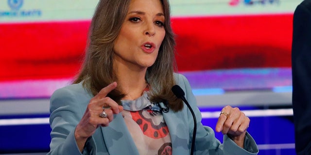 Democratic presidential candidate author Marianne Williamson speaks during the Democratic primary in Miami. (AP Photo/Wilfredo Lee)