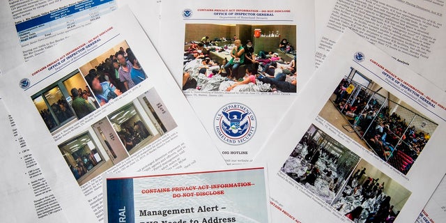 A portion of a report from government auditors reveals images of people penned into overcrowded Border Patrol facilities, photographed Tuesday, July 2, 2019, in Washington. The report released Tuesday by the Department of Homeland Security's Office of Inspector General warns that facilities in South Texas' Rio Grande Valley face "serious overcrowding" and require "immediate attention." (AP Photo/Andrew Harnik)