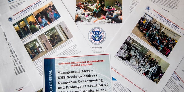 A portion of a report from government auditors reveals images of people penned into overcrowded Border Patrol facilities, photographed Tuesday, July 2, 2019, in Washington. The report released Tuesday by the Department of Homeland Security's Office of Inspector General warns that facilities in South Texas' Rio Grande Valley face "serious overcrowding" and require "immediate attention." (AP Photo/Andrew Harnik)