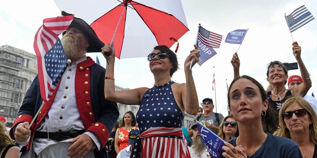 People attend a "Demand Free Speech" rally in Washington, Saturday, July 6, 2019. The rally was organized to protest against the perceived censorship of conservative views. (Associated Press)