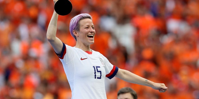 United States' Megan Rapinoe celebrating her team's victory Sunday. (AP Photo/David Vincent)