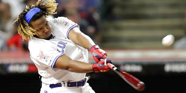 Vladimir Guerrero Jr., Toronto Blue Jays, hits during the Major League Baseball Home Run Derby, Monday, July 8, 2019, in Cleveland. 