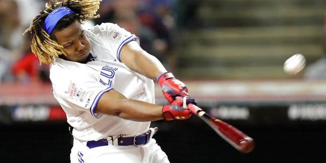 Vladimir Guerrero Jr., Toronto Blue Jays, hits during the Major League Baseball Home Run Derby, Monday, July 8, 2019, in Cleveland.